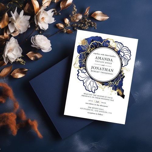 Modern Navy Blue and Gold Abstract Floral Wedding Invitation