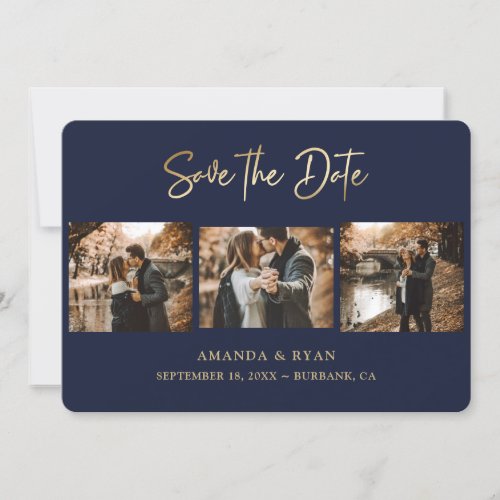 Modern Navy Blue and Gold Foil Wedding 3 Photo Save The Date