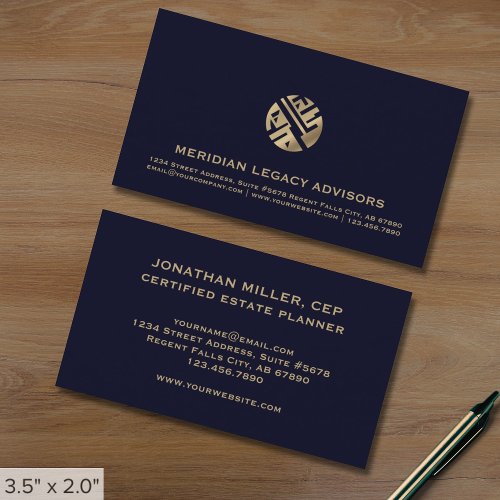 Modern Navy Blue and Gold Logo Business Card