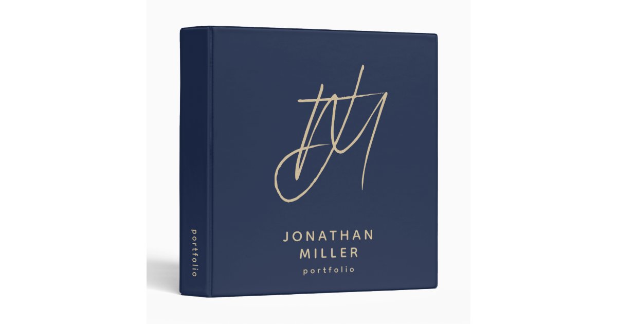 Modern Navy Blue and Gold Monogram Portfolio 3 Ring Binder | Zazzle