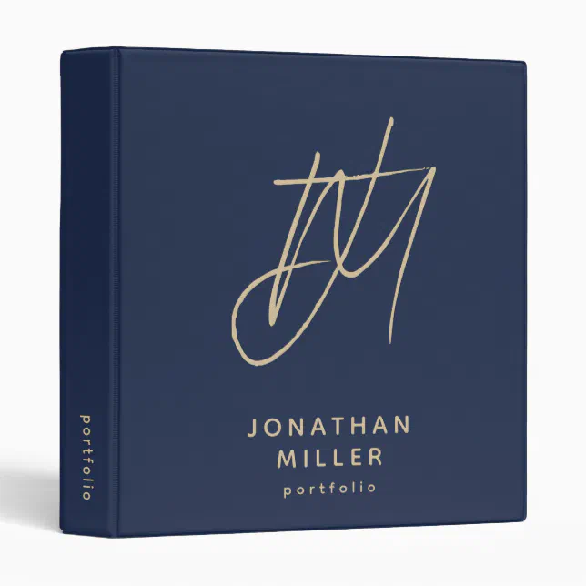 Modern Navy Blue and Gold Monogram Portfolio 3 Ring Binder | Zazzle