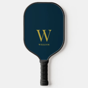 Modern Navy Blue And Gold Monogrammed Pickleball Paddle