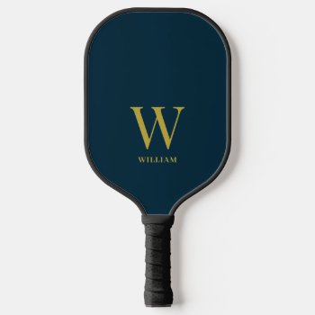 Modern Navy Blue And Gold Monogrammed Pickleball Paddle by JennLenayDesigns at Zazzle