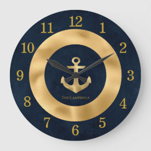 Modern Navy Blue and Gold Nautical Anchor Large Clock