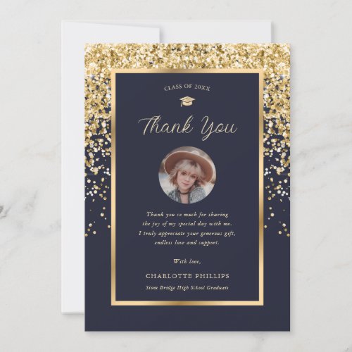 Modern Navy Blue and Gold Photo Graduation Thank You Card