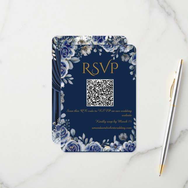 Modern Navy Blue and Gold QR Code Wedding RSVP Car Card (Front/Back In Situ)