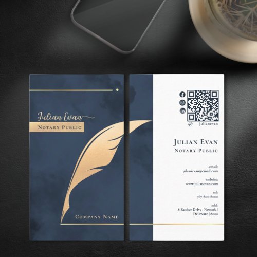 Modern Navy Blue and Gold Quill Notary Public Business Card