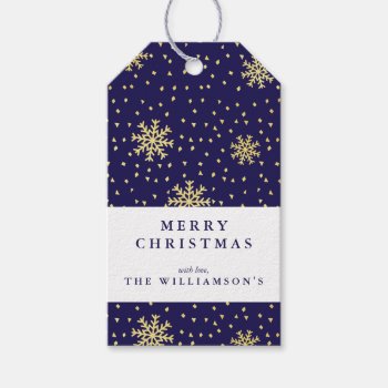 Modern Navy Blue And Gold Snowflake Christmas Gift Tags by cranberrydesign at Zazzle