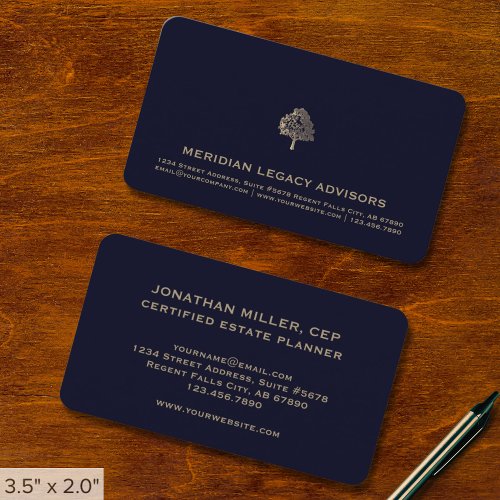 Modern Navy Blue and Gold Tree Logo Business Card