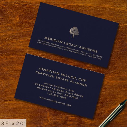 Modern Navy Blue and Gold Tree Logo Business Card
