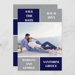 Modern navy blue and gray color block wedding save the date