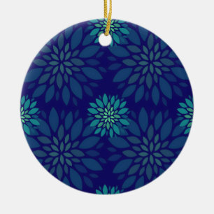 Modern Navy Blue and Green Floral Leaves Pattern Ceramic Ornament