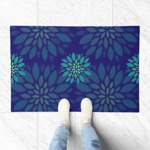 Modern Navy Blue and Green Floral Leaves Pattern Doormat