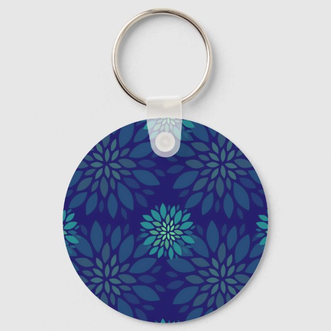 Modern Navy Blue and Green Floral Leaves Pattern Keychain (Front)