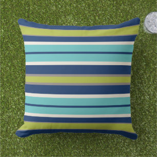 Modern Navy Blue and Green Stripes Outdoor Pillow