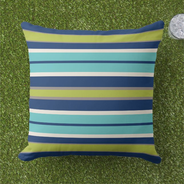 Modern Navy Blue and Green Stripes Outdoor Pillow (Grass)