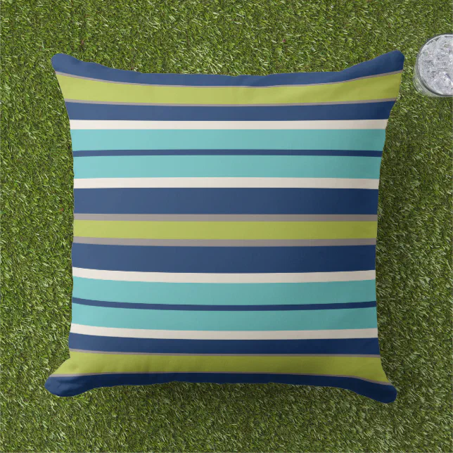 Modern Navy Blue and Green Stripes Outdoor Pillow Zazzle