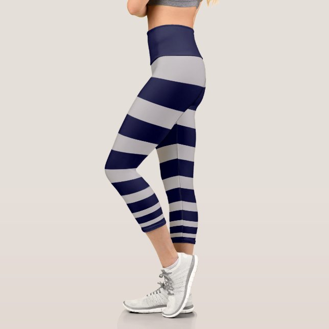 Modern navy blue and light gray striped capri leggings (Left)