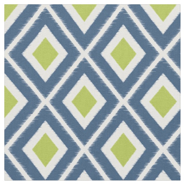 Modern Navy Blue and Lime Green Ikat Pattern Fabric (Close Up)