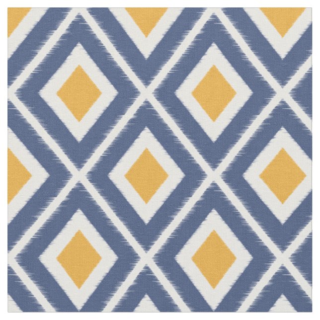 Modern Navy Blue and Mustard Yellow Ikat Pattern Fabric (Close Up)