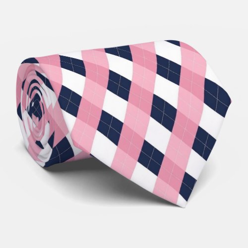 Modern Navy Blue and Pink Argyle Pattern Necktie