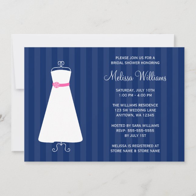 Modern Navy Blue and Pink Gown Bridal Shower Invitation (Front)