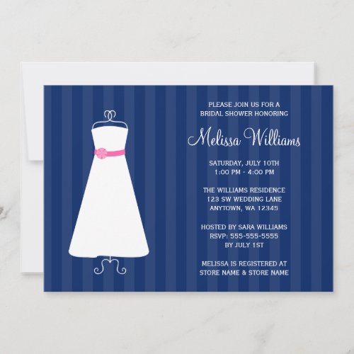 Modern Navy Blue and Pink Gown Bridal Shower Custom Invite