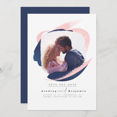 Modern Navy Blue and Pink Save The Date Photo