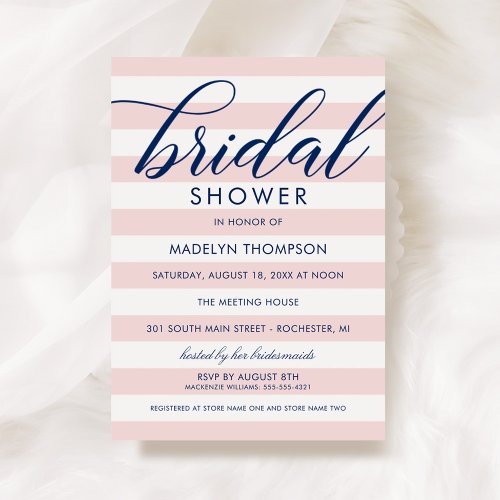 Modern Navy Blue and Pink Stripes Bridal Shower Invitation