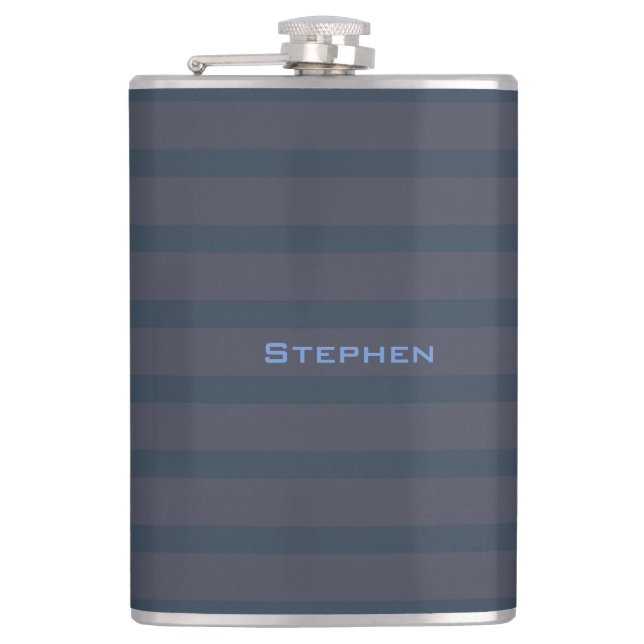 Modern Navy Blue and Plum Name Striped Flask, 8oz. Flask (Front)