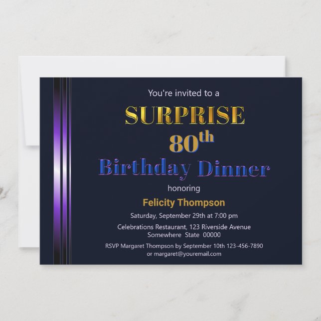 Modern Navy Blue and Purple Surprise 80th Birthday Invitation (Front)