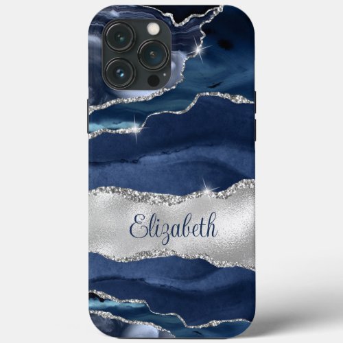 Modern Navy Blue and Silver Agate Monogram iPhone 13 Pro Max Case