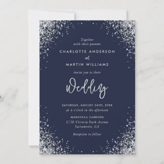 Modern Navy Blue and Silver Glitter Wedding Invitation