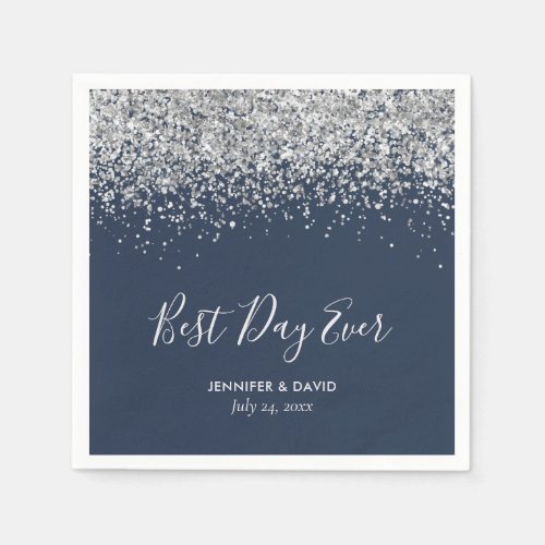 Modern Navy Blue and Silver Glitter Wedding Napkins