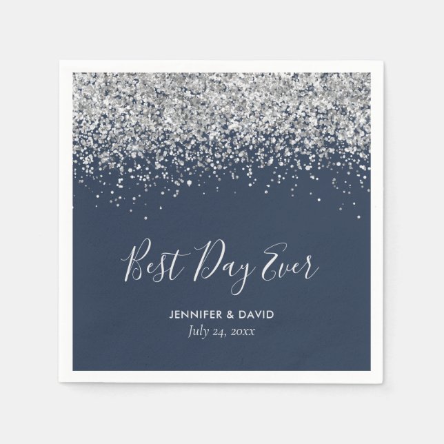 Modern Navy Blue and Silver Glitter Wedding Napkins (Front)