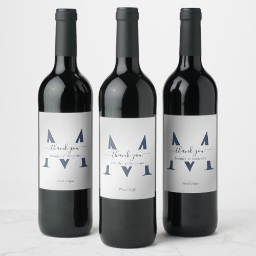 Modern Navy Blue and Silver Monogram Wine Labels