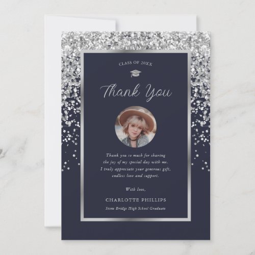 Modern Navy Blue and Silver Photo Graduation Thank You Card