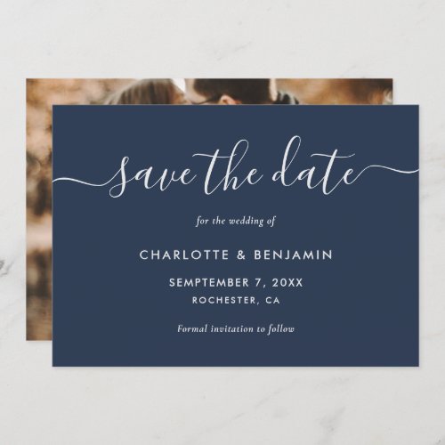 Modern Navy Blue and Silver Photo Wedding Announcement