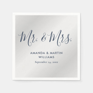 Modern Navy Blue and Silver Script Wedding Napkins