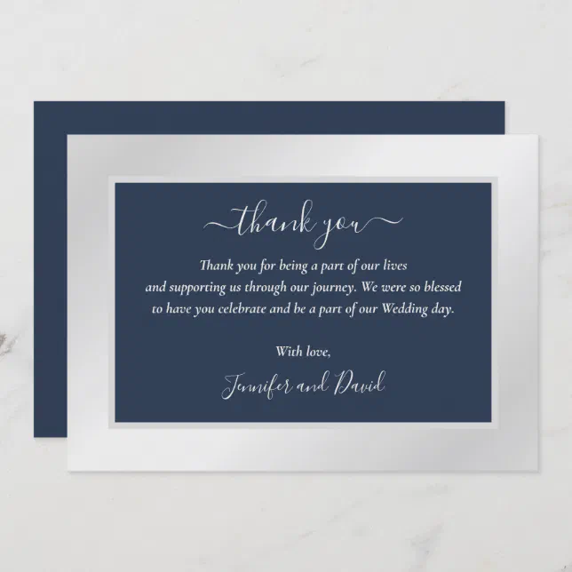 Modern Navy Blue And Silver Thank You Card 