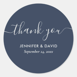 Modern Navy Blue and Silver Thank You Classic Round Sticker