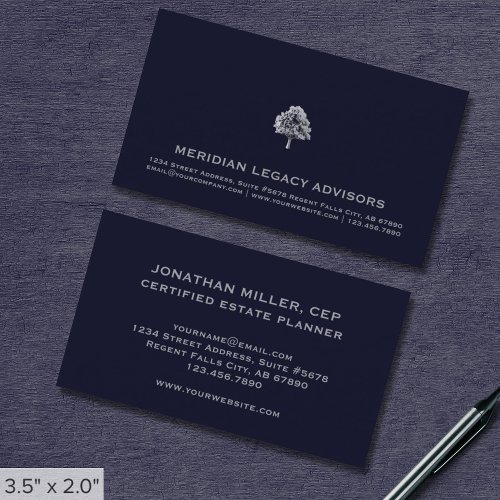Modern Navy Blue and Silver Tree Logo Business Card