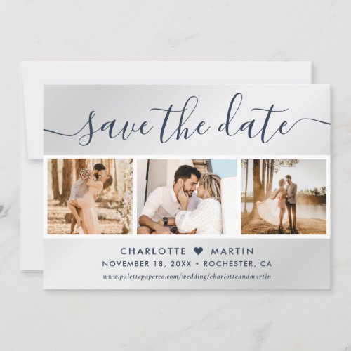 Modern Navy Blue and Silver Wedding 4 Photo Save The Date