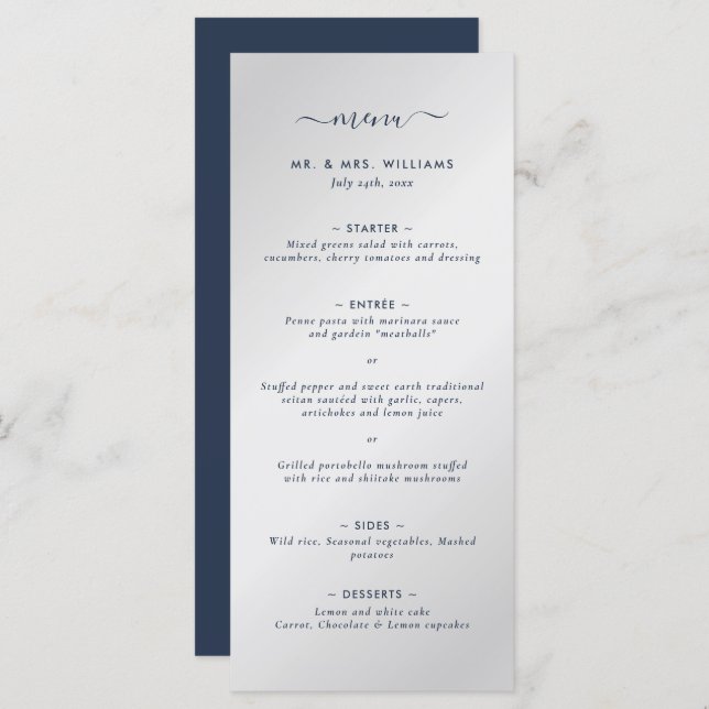 Modern Navy Blue and Silver Wedding Menu (Front/Back)
