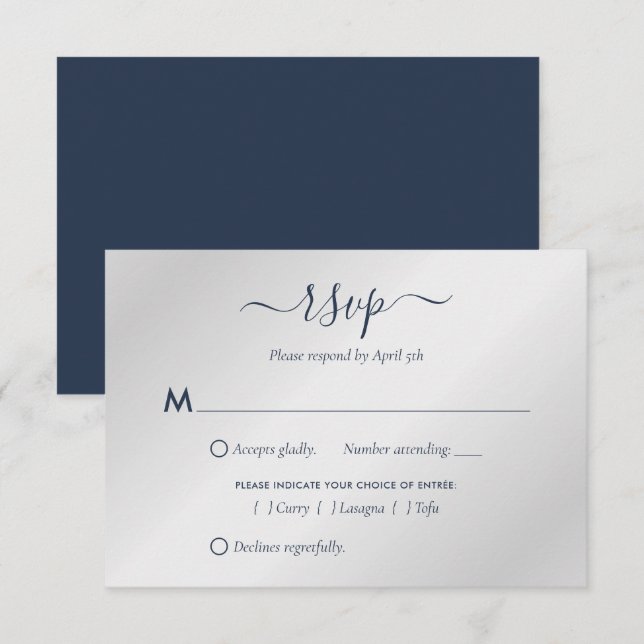 Modern Navy Blue and Silver Wedding RSVP Cards (Front/Back)