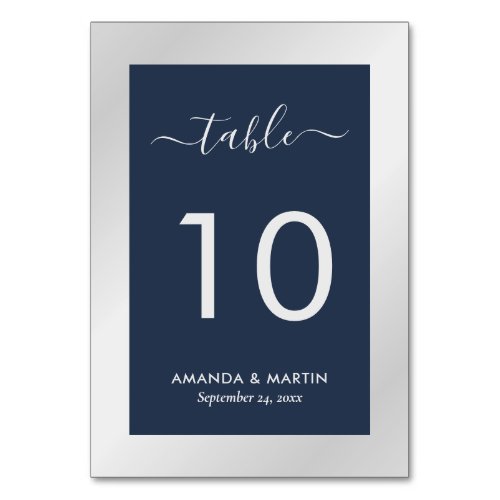 Modern Navy Blue and Silver Wedding Table Number