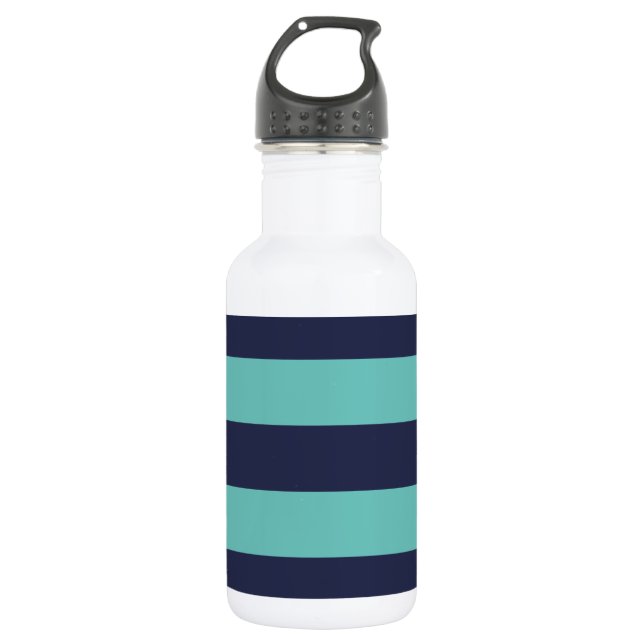 Modern Navy Blue and Turquoise  Rugby Stripes Stainless Steel Water Bottle (Front)