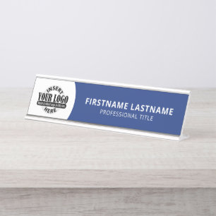 Modern Navy Blue and White - Add Logo, Name, Title Desk Name Plate