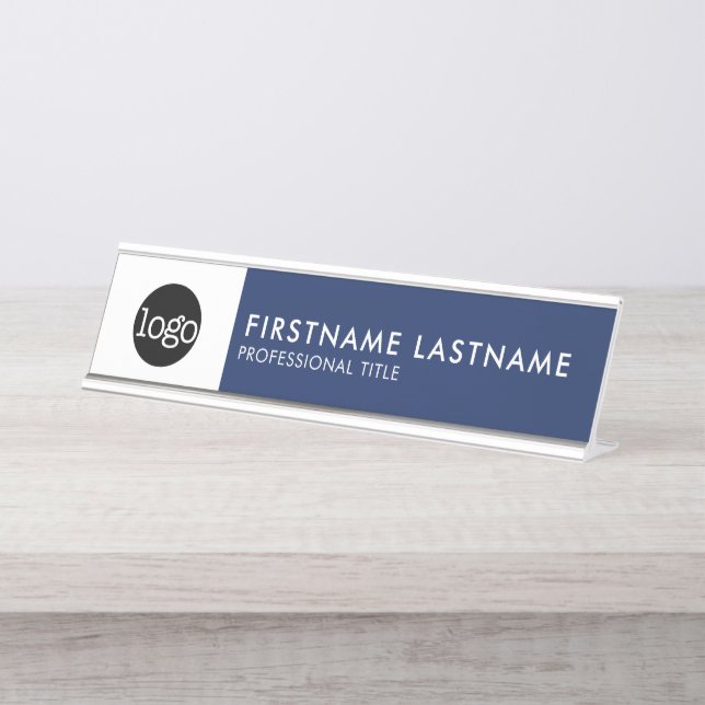Modern Navy Blue and White - Add Logo, Name, Title Desk Name Plate | Zazzle