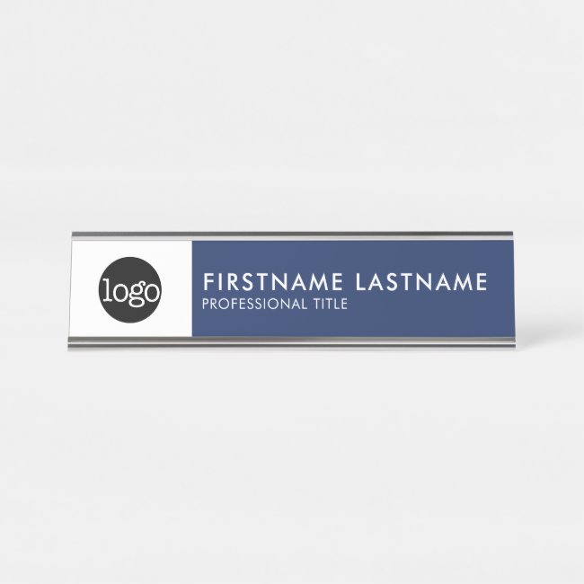 Modern Navy Blue and White - Add Logo, Name, Title Desk Name Plate